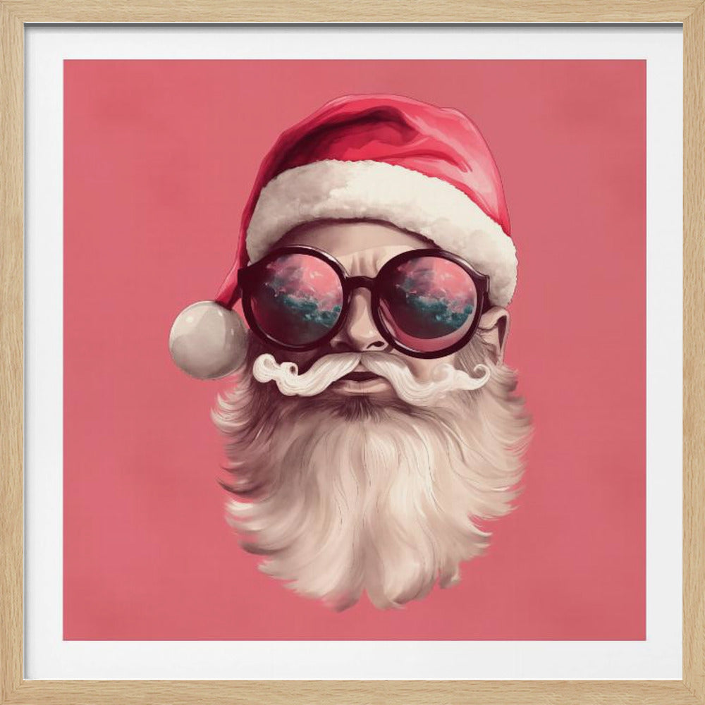 A modern, stylized portrait of Santa Claus against a solid pink background. He wears a classic red Santa hat and large, round sunglasses that reflect a colorful sky. His white mustache is perfectly curled, and he has a full white beard. Print