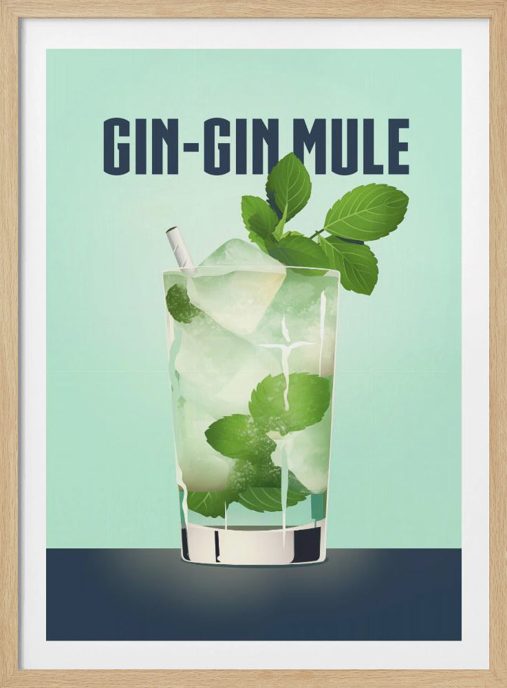 A retro-style poster advertising a Gin-Gin Mule cocktail. The illustration features a tall glass filled with ice, a light-colored drink, and fresh mint leaves, garnished with a mint sprig. The text 'GIN-GIN MULE' is in a bold, dark blue font at the top against a light mint-green background. Poster