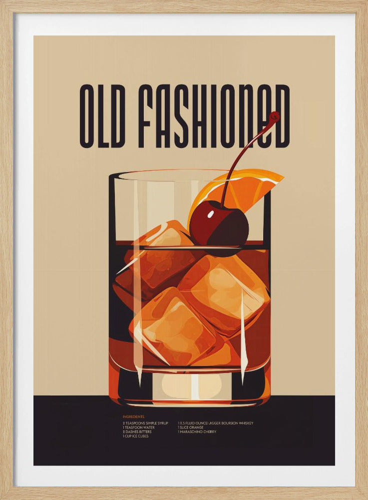 A vintage-style poster for an Old Fashioned cocktail. The artwork features a stylized illustration of a rocks glass filled with bourbon, ice cubes, an orange slice, and a maraschino cherry. The words 'OLD FASHIONED' are in a bold, retro font at the top. The recipe ingredients are listed at the bottom of the poster. The image has a warm color palette with a cream background and is enclosed in a black frame. Poster