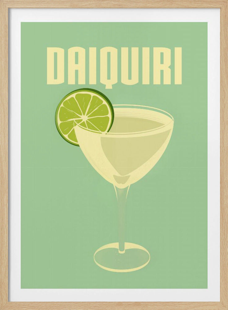 A vintage-style poster featuring a stylized illustration of a Daiquiri cocktail in a coupe glass, garnished with a bright green lime slice. The word 'DAIQUIRI' is displayed at the top in a bold, blocky, off-white font against a solid mint green background. The artwork has a minimalist and retro aesthetic. Decor