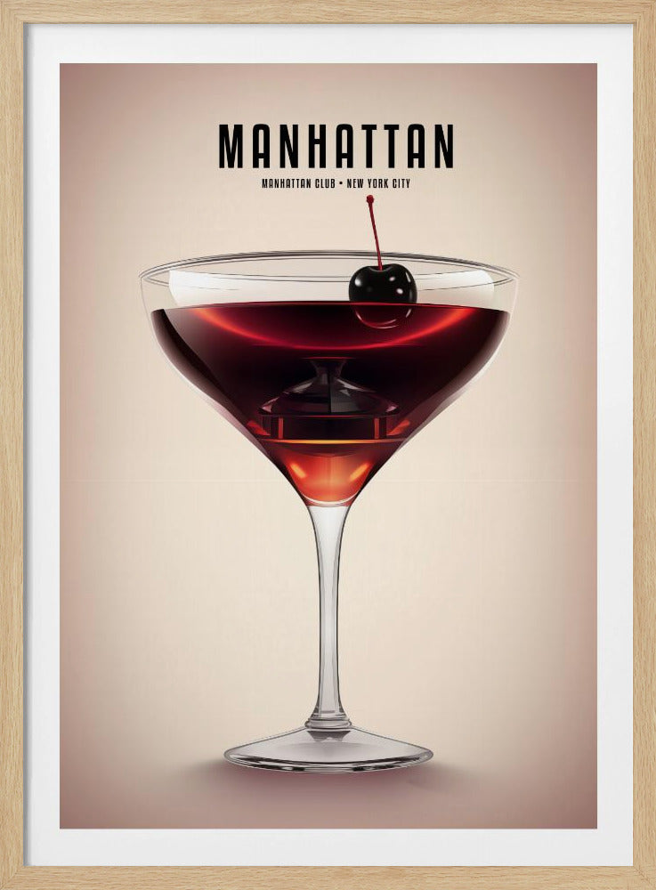 A vintage-style poster featuring a photorealistic illustration of a Manhattan cocktail. The deep red drink is served in a classic coupe glass and garnished with a dark cherry. Above the glass, the word 'MANHATTAN' is printed in bold black letters, with 'MANHATTAN CLUB - NEW YORK CITY' underneath. The background is a solid light beige, and the entire poster is enclosed in a simple black frame. Poster