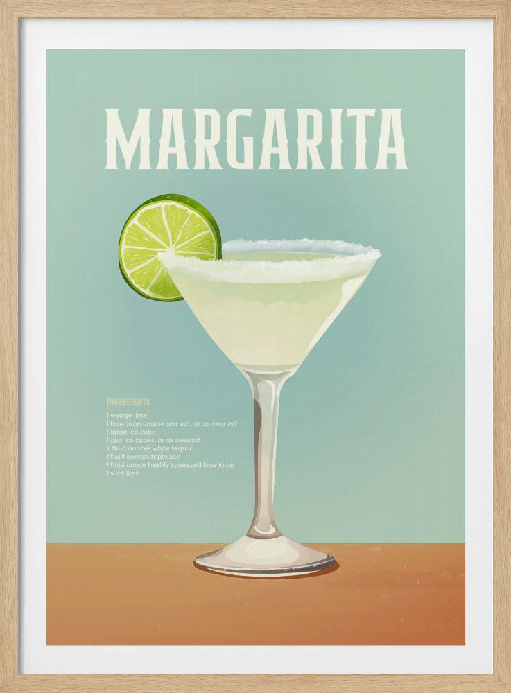A vintage-style poster for a Margarita cocktail. The poster features a large illustration of a classic margarita glass with a salted rim and a lime wheel garnish against a light teal background. The word 'MARGARITA' is displayed prominently at the top in a white, stylized font, with the list of ingredients shown below the drink. Artwork