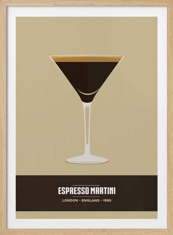 A minimalist art print of an Espresso Martini cocktail. The illustration shows a classic martini glass filled with a dark brown liquid and a light brown crema, on a solid beige background. A dark brown banner at the bottom reads 'ESPRESSO MARTINI' with 'LONDON • ENGLAND • 1980' underneath. The entire print is enclosed in a simple black frame. Poster