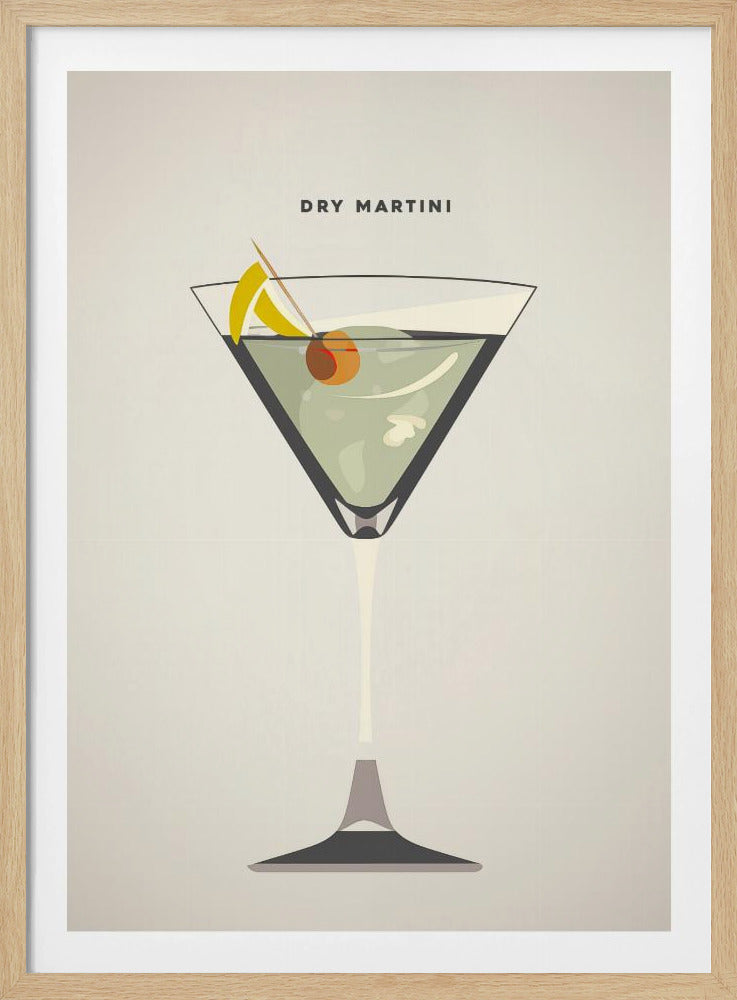 A minimalist graphic illustration of a Dry Martini cocktail in a classic V-shaped glass. The drink is garnished with a green olive and a yellow lemon twist, set against an off-white background with 'DRY MARTINI' text above. The art is in a black frame. Poster