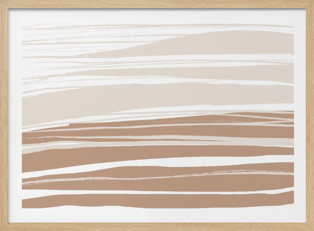 A framed abstract painting with horizontal brushstrokes in a neutral palette. The top half features soft, flowing lines in shades of off-white and light beige, while the bottom half consists of bolder horizontal stripes in tan and brown, separated by white lines. The entire piece is encased in a simple, silver-colored frame. Decor