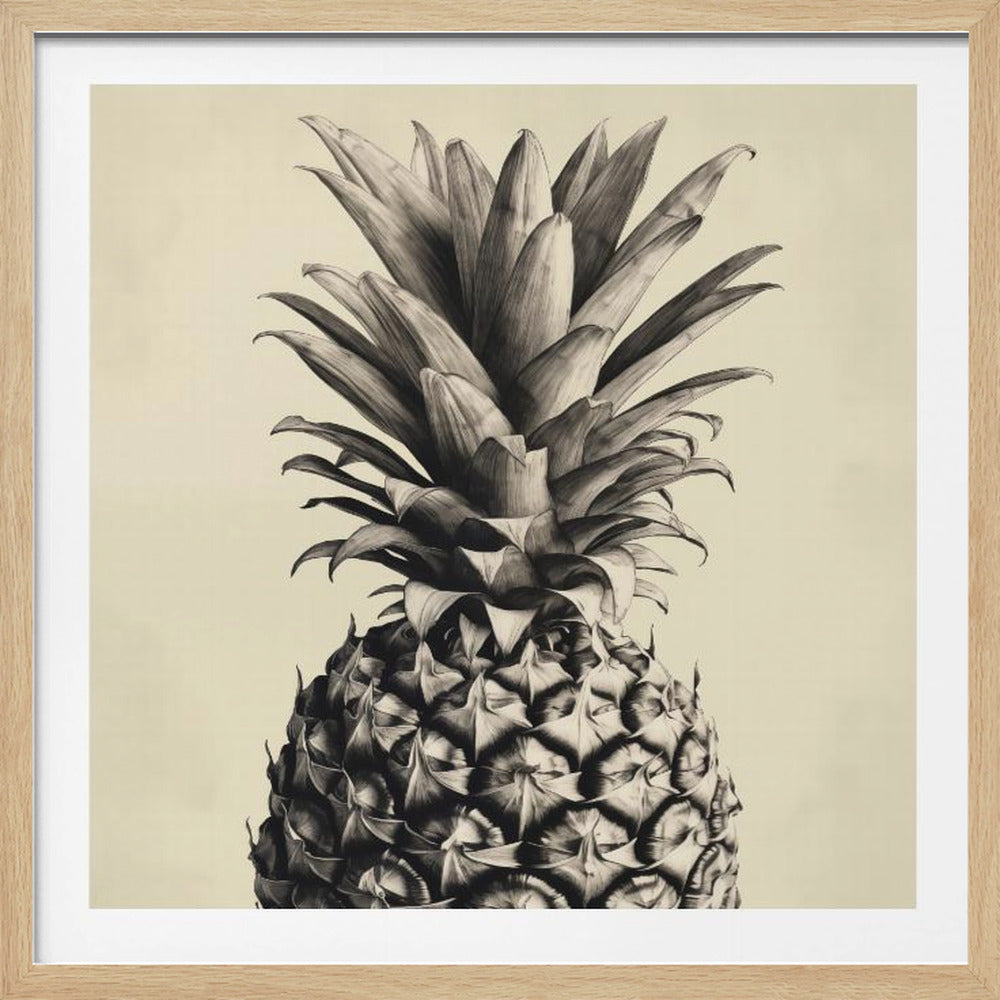 A detailed black and white drawing of the top half of a pineapple, centered against a solid cream-colored background and encased in a light wood frame. Print