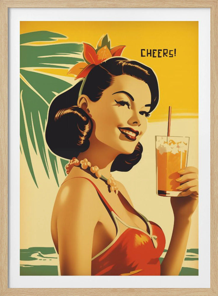 A vintage-style illustration of a smiling woman with dark hair and a flower, wearing a red swimsuit. She is holding a tropical drink against a yellow and green background with the word 'CHEERS!'. Print