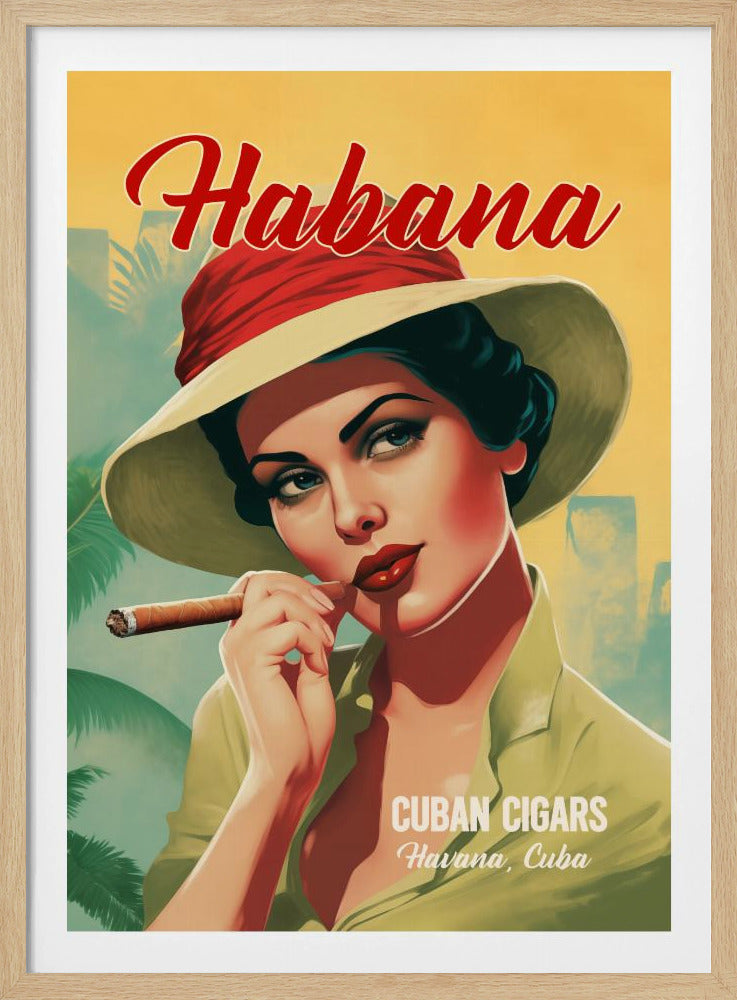 A vintage travel poster for Cuban cigars from Havana, Cuba, featuring an illustration of a glamorous woman with dark hair and red lipstick, wearing a wide-brimmed hat and smoking a cigar. Print