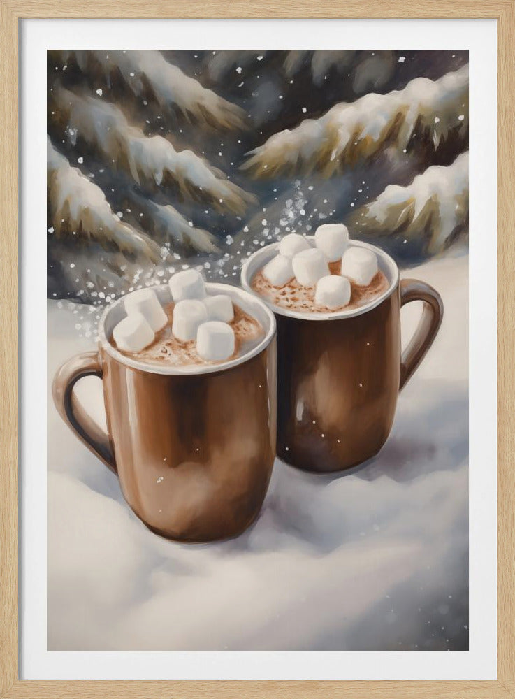 A cozy painting of two brown mugs filled with hot chocolate and topped with marshmallows, sitting in fresh snow with a background of snow-covered evergreen trees. Print
