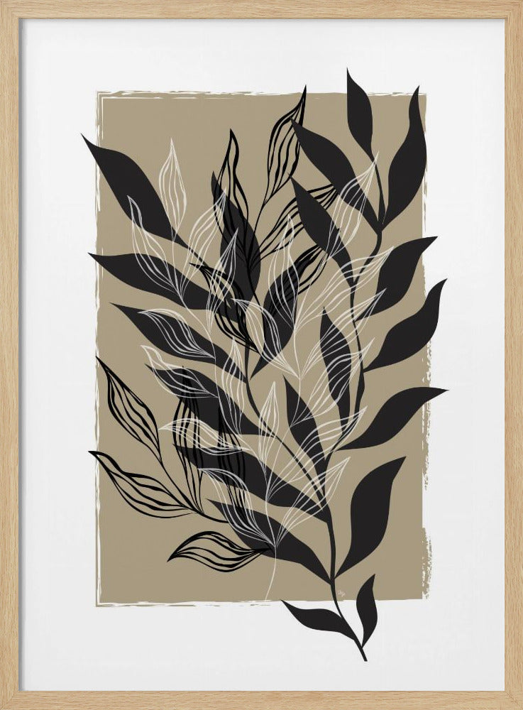 A modern botanical art piece featuring a cluster of stylized leaves in a black frame. The leaves are rendered in solid black, black line art, and white line art, creating a layered composition over a distressed beige rectangular background. Decor