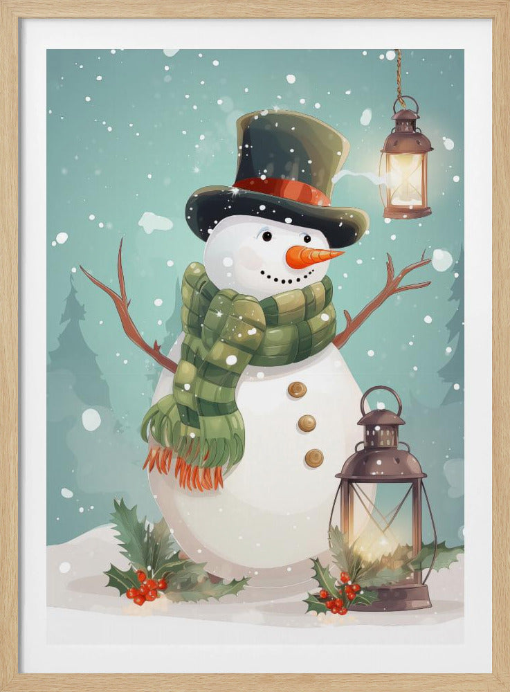 A charming watercolor illustration of a smiling snowman wearing a black top hat and a green plaid scarf. It is snowing in a winter forest, and the snowman is illuminated by two warm lanterns, one hanging and one on the ground, with festive holly at its base. Artwork