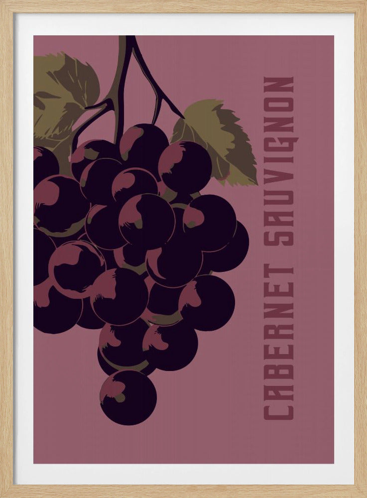 A vintage-style graphic poster featuring a large bunch of dark purple grapes hanging from a vine with green leaves. The background is a solid mauve color, and the text 'CABERNET SAUVIGNON' is written vertically on the right side in a stylized, blocky font. The entire poster is enclosed in a thin black frame. Poster