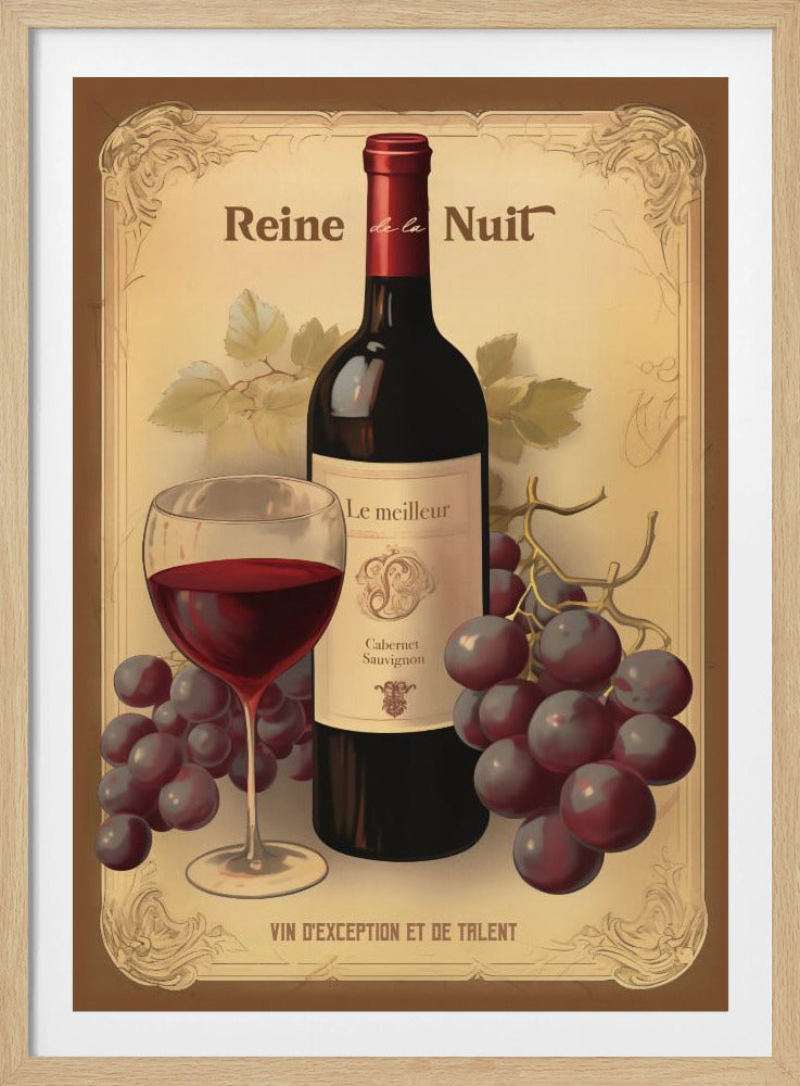 A vintage-style French wine advertisement poster for 'Reine de la Nuit' Cabernet Sauvignon. The artwork features a full bottle of red wine, a glass filled with red wine, and bunches of dark purple grapes, all set against a cream-colored background with an ornate border. Wall Art