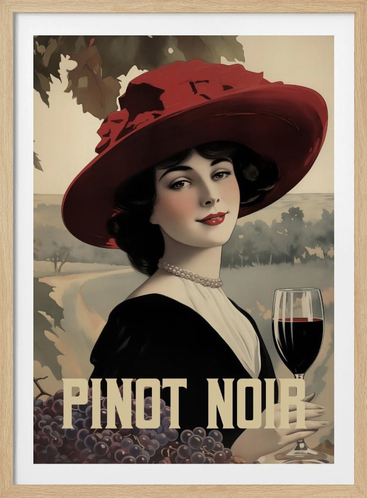 A vintage-style illustration of an elegant woman with dark hair, wearing a large red hat, a pearl necklace, and a black dress. She is holding a glass of red wine and looking at the viewer with a slight smile. The background is a soft-focus vineyard landscape. In the foreground, the words 'PINOT NOIR' are written in a stylized font over a cluster of purple grapes. Wall Art
