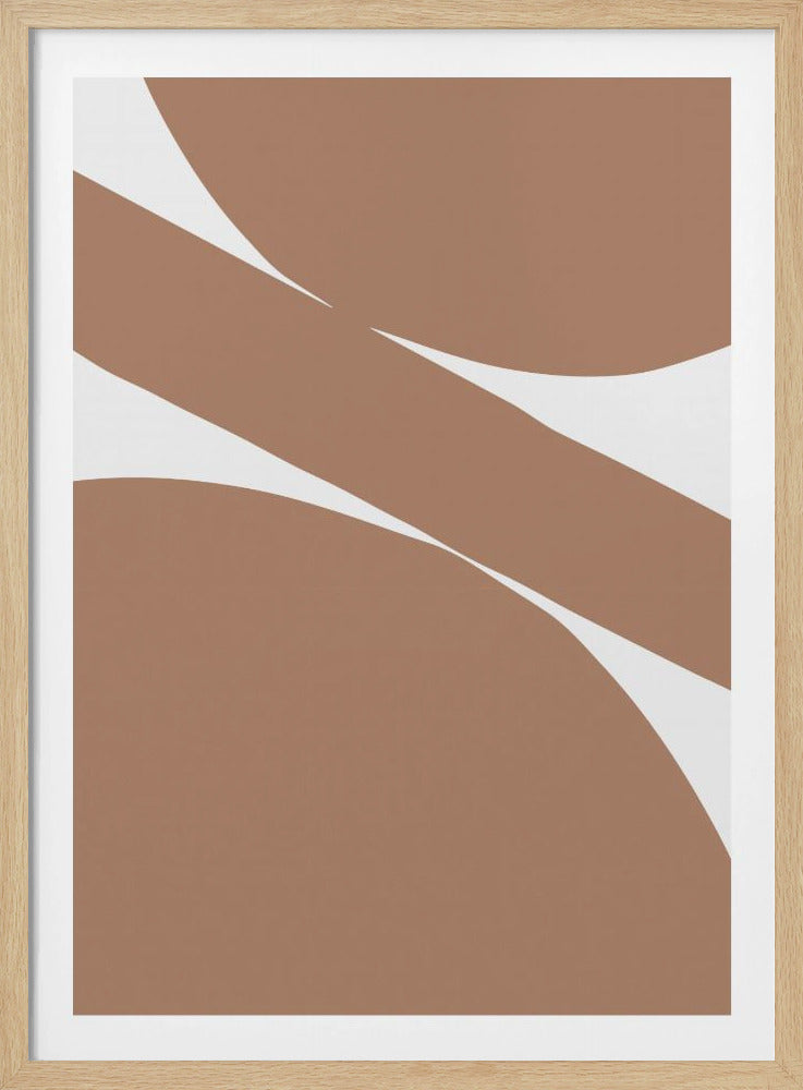 A minimalist abstract artwork in a black frame, featuring a terracotta brown background dissected by bold, sweeping white curves that create a dynamic and layered effect. Print