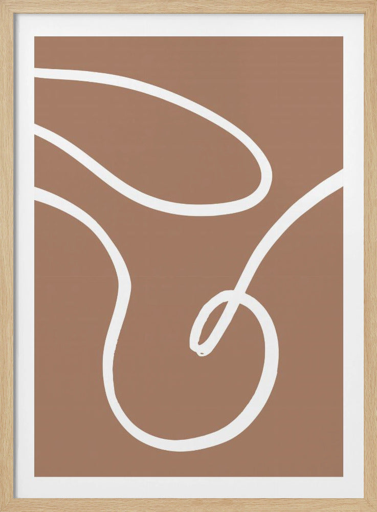 A minimalist abstract art print in a thin black frame. The artwork features a single, thick, continuous white line that swirls and loops organically against a solid, muted brown background. Decor