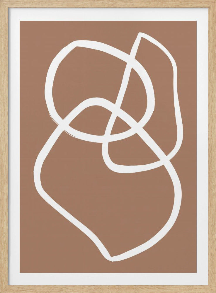 A minimalist abstract painting featuring a single, continuous, thick white line that swirls and loops across a solid, muted brown background. The piece is enclosed in a simple black frame. Wall Art