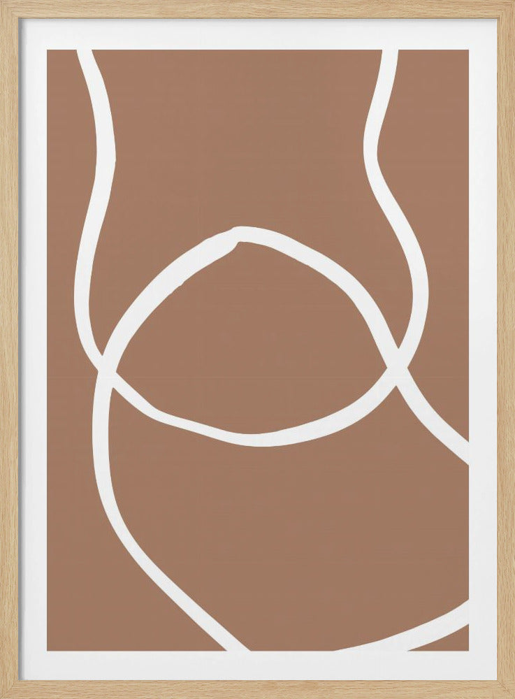 A minimalist abstract artwork in a black frame. It features a thick, continuous white line that swirls and loops against a solid terracotta brown background, suggesting the outline of a human figure. Artwork