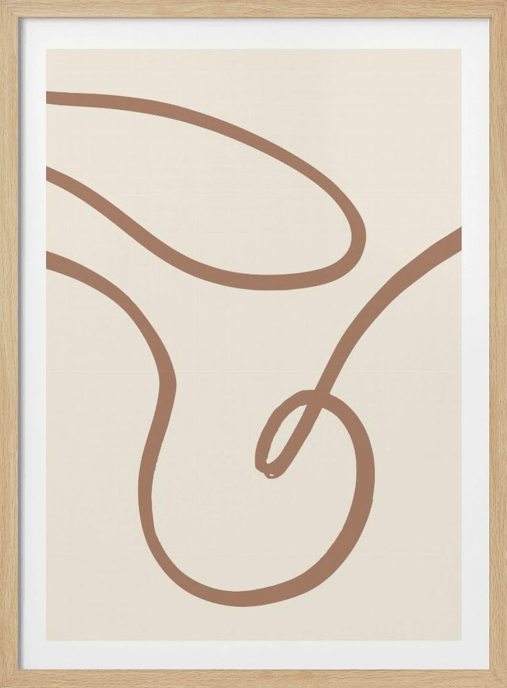 A minimalist abstract artwork in a black frame, featuring a single, thick, continuous brown line that swirls and curves gracefully against a solid light beige background. Decor