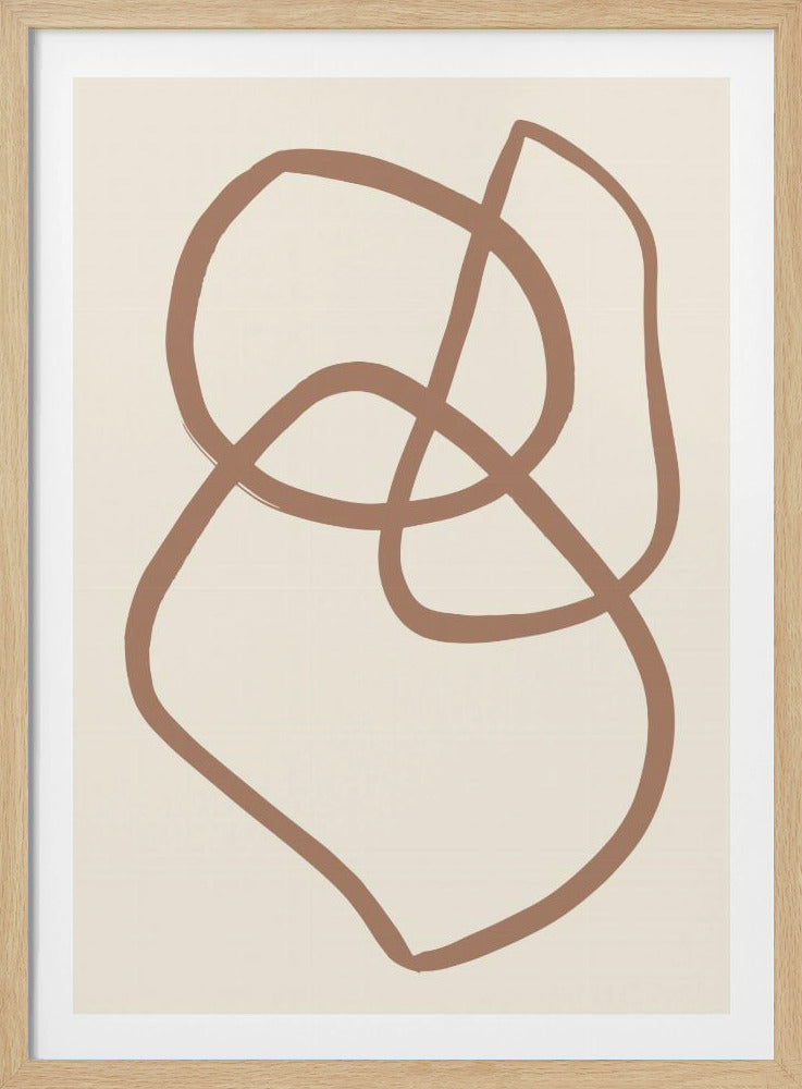 A minimalist abstract artwork in a black frame, featuring a single, thick, looping brown line that overlaps itself on a solid light beige background. Artwork