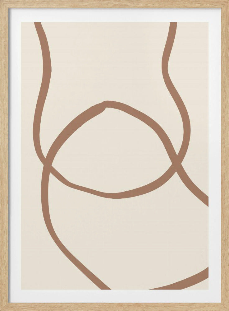 A minimalist abstract art piece in a black frame, featuring a continuous, flowing brown line that creates an organic, figure-like shape on a solid light beige background. Print