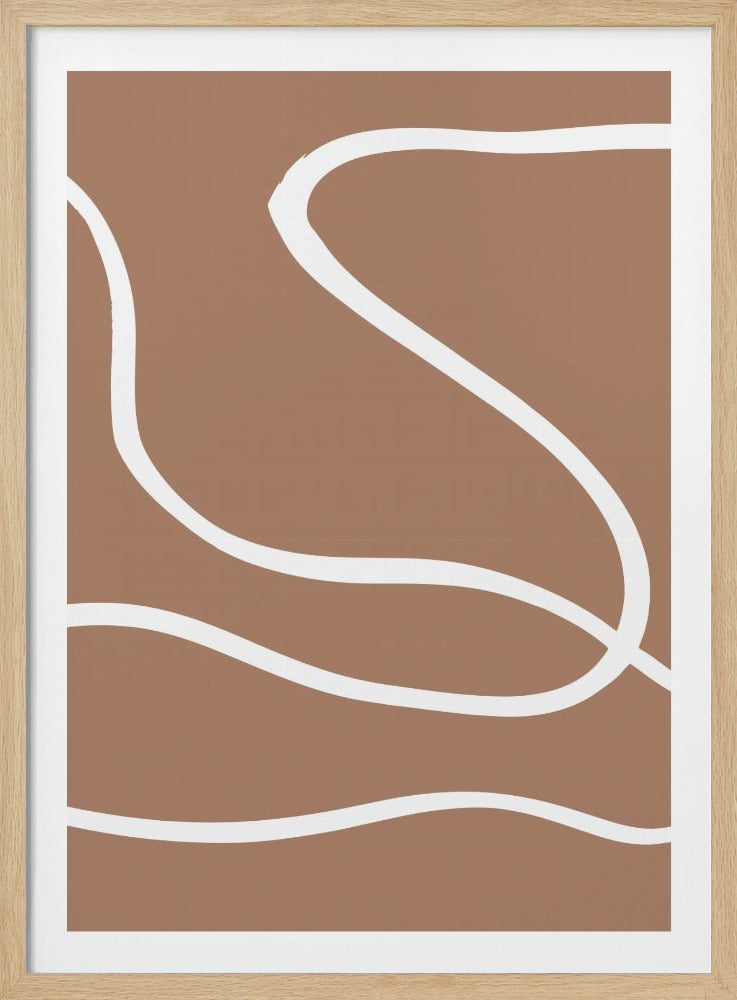 A minimalist abstract artwork featuring thick, wavy white lines that flow across a solid warm brown background, all enclosed within a simple black frame. Poster