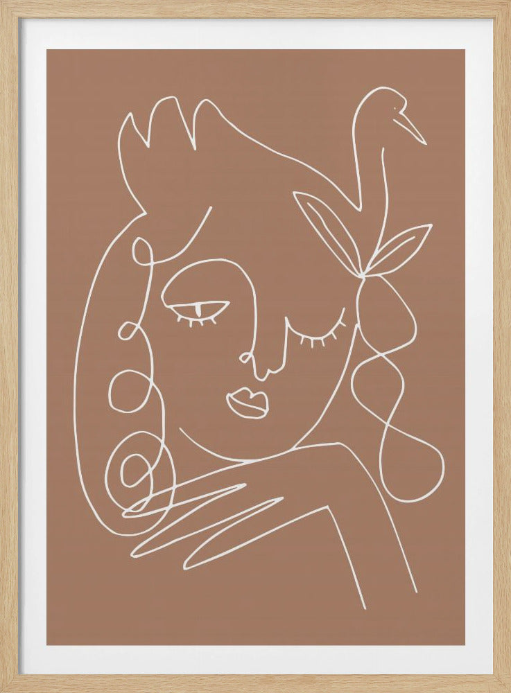 A minimalist line art poster featuring a single continuous white line drawing on a solid dusty brown background. The abstract artwork depicts the face and shoulders of a person with curly hair, one open eye and one closed eye, and a bird with leaves nestled in their hair. The piece is enclosed in a simple black frame. Print