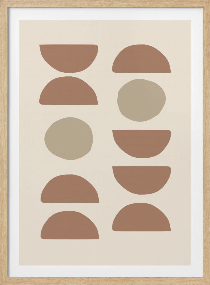 A framed minimalist art print with an off-white background. It features two vertical columns of geometric shapes, including brown semicircles and muted green-beige circles, arranged in a symmetrical pattern. Artwork