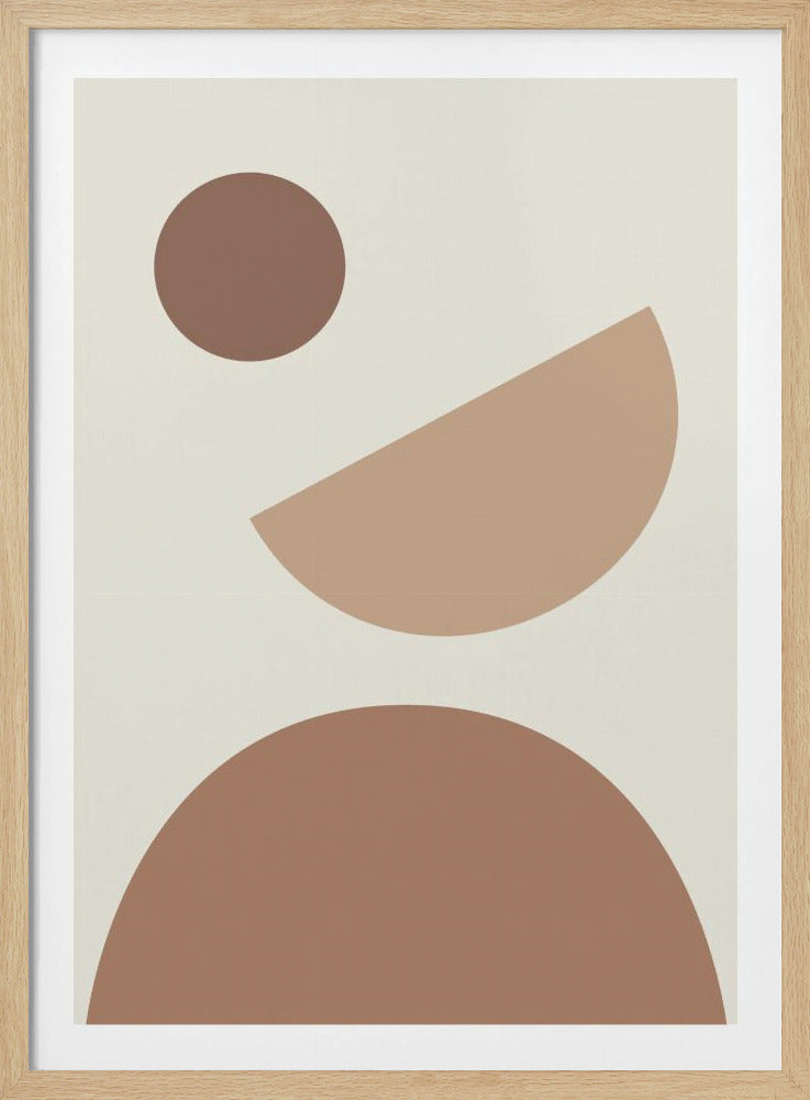 A framed abstract art piece featuring three geometric shapes in shades of brown against an off-white background. A large brown semicircle sits at the bottom, a lighter brown, tilted semicircle is in the middle, and a small brown circle is at the top left. The artwork is enclosed in a simple black frame. Wall Art