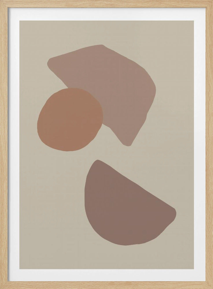A minimalist abstract artwork featuring three organic shapes in varying shades of brown and dusty rose against a light beige background, all enclosed within a simple black frame. Wall Art
