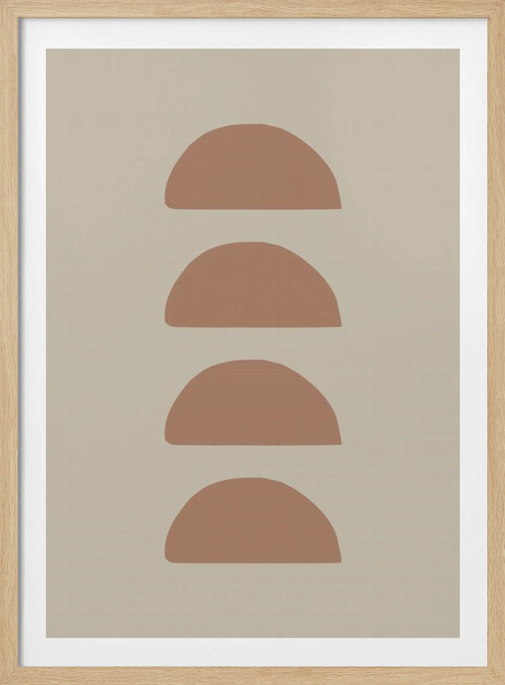 A minimalist abstract art piece featuring four terracotta-colored semi-circles stacked vertically in a column against a light beige background, all within a thin black frame. Print