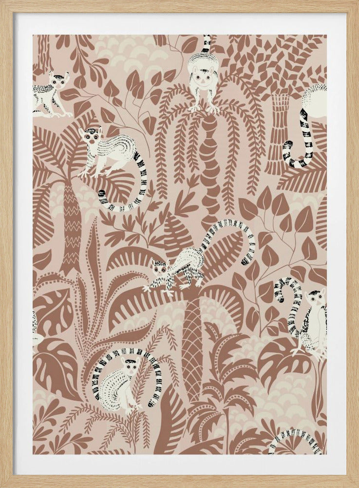 A framed art piece displaying a repeating pattern of stylized ring-tailed lemurs in a dense jungle. The lemurs, rendered in white with black and white tails, are scattered amongst brown and tan palm trees and foliage against a dusty pink background. Artwork