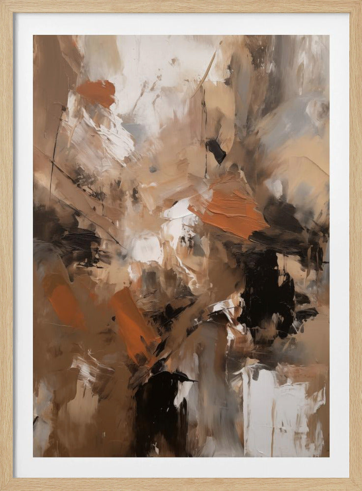 A vertical abstract painting in a black frame, featuring a chaotic blend of thick, textured brushstrokes in earthy tones of brown, tan, and beige, with bold accents of burnt orange, stark white, and deep black. Decor