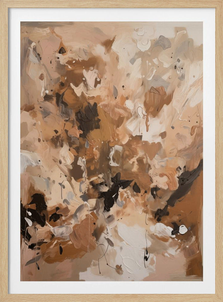 A vertical abstract painting in a thin black frame, featuring a dynamic composition of expressive brushstrokes and paint splatters. The color palette is earthy and neutral, dominated by shades of brown, beige, and tan, with contrasting accents of dark brown, black, white, and grey, creating a textured and layered effect. Decor