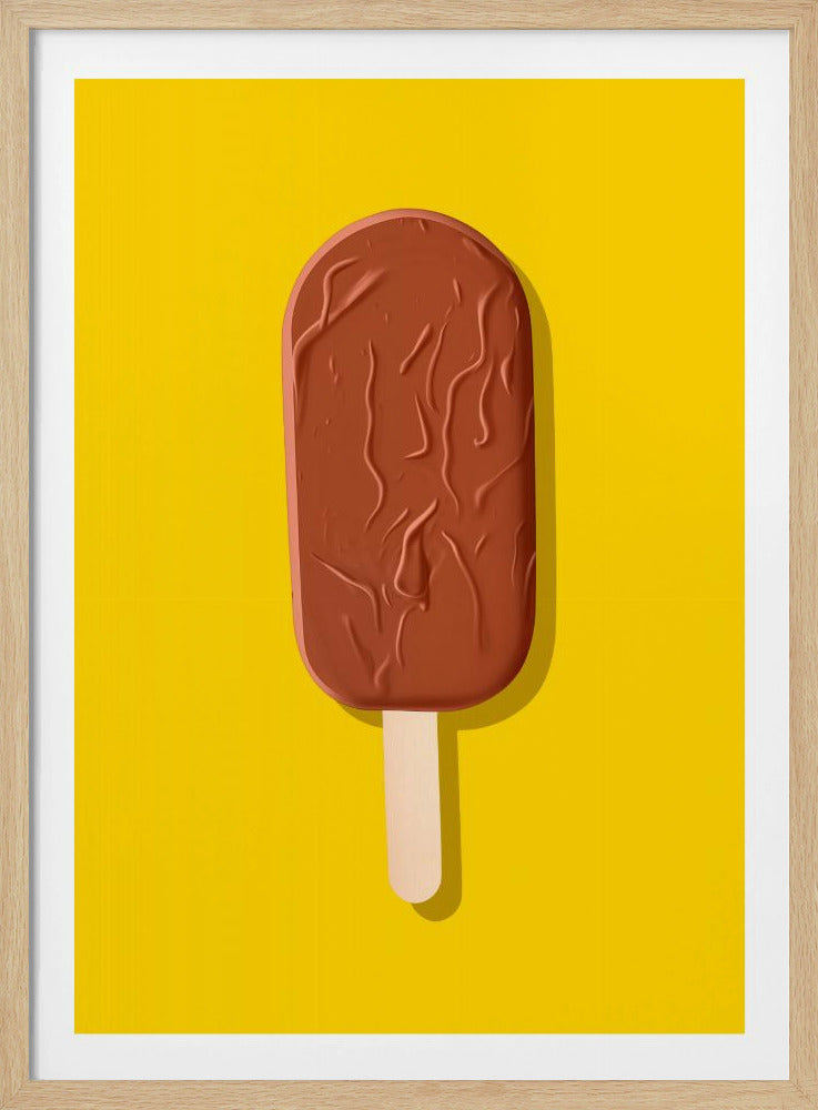 A pop art style illustration of a chocolate-covered ice cream bar on a stick, centered against a vibrant yellow background. The artwork is enclosed in a thin black frame and a soft shadow is cast by the ice cream bar, giving it a three-dimensional feel. Print