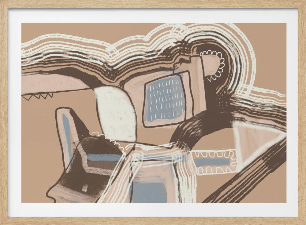Abstract modern art piece in a silver frame, featuring a dynamic composition of organic shapes and bold lines in a neutral palette of brown, tan, dusty blue, and white. Poster