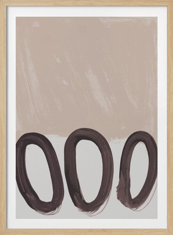An abstract painting in a black frame, featuring a textured beige background on the top half and a light grey background on the bottom. Three large, dark brown ovals are painted with thick brushstrokes across the bottom. Artwork