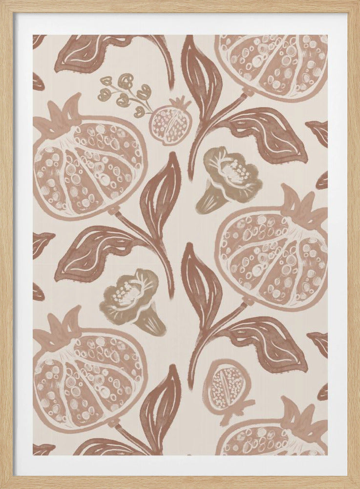 A framed artwork displaying a botanical pattern of stylized pomegranates, leaves, and flowers. The design, rendered in muted shades of brown on a cream background, features pomegranates cut in half to show their seeds, creating a rustic and organic feel. Print