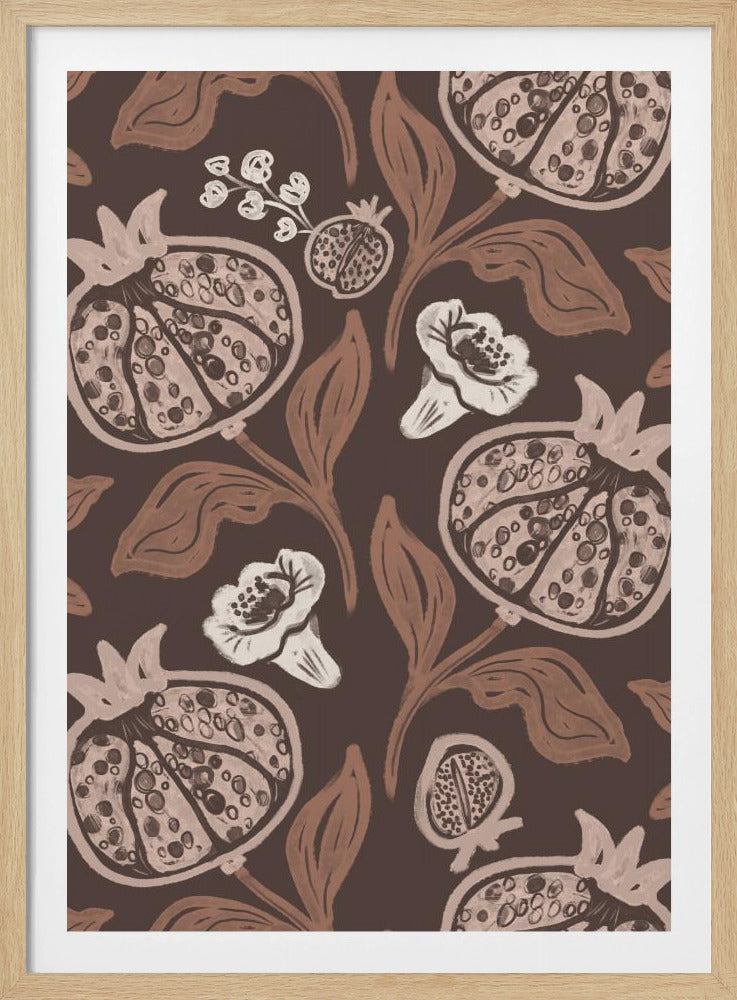 A stylized botanical pattern featuring halved pomegranates showing their seeds, interspersed with leaves and small white flowers, all rendered in shades of brown and cream on a dark brown background. Print