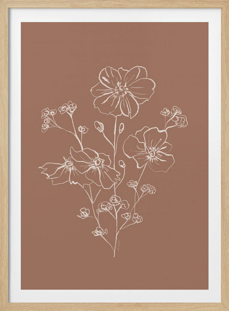 A minimalist white line drawing of a bouquet of flowers with delicate petals and stems against a solid terracotta brown background, enclosed in a simple black frame. Decor