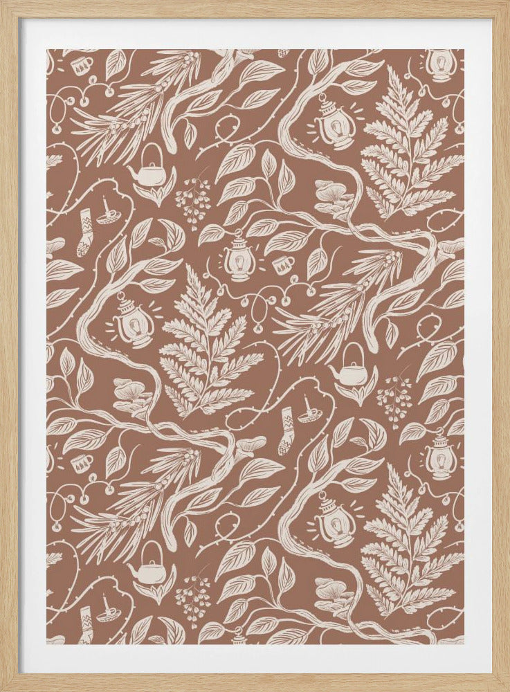 A whimsical, repeating pattern illustration in cream on a warm brown background. The design features intertwining branches, ferns, leaves, and cozy elements like glowing lanterns, teapots, mugs, and warm socks, all contained within a simple black frame. Print