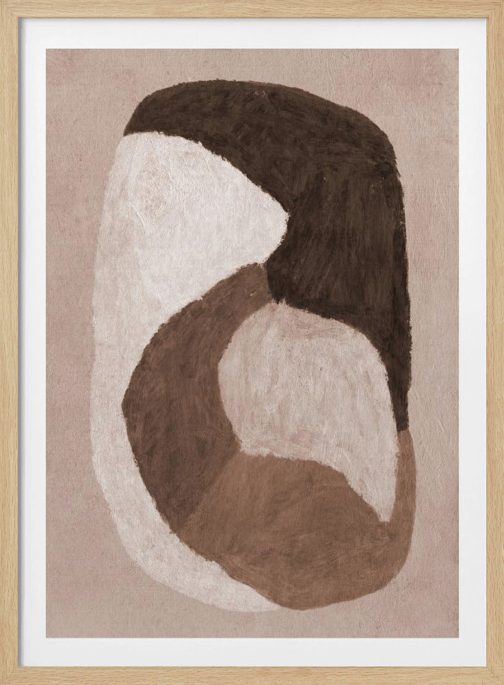 An abstract painting in a black frame featuring large, interlocking organic shapes in dark brown, off-white, and a lighter mid-tone brown. The shapes are painted with visible brushstrokes on a textured, light beige background, creating a sense of movement and warmth. Artwork