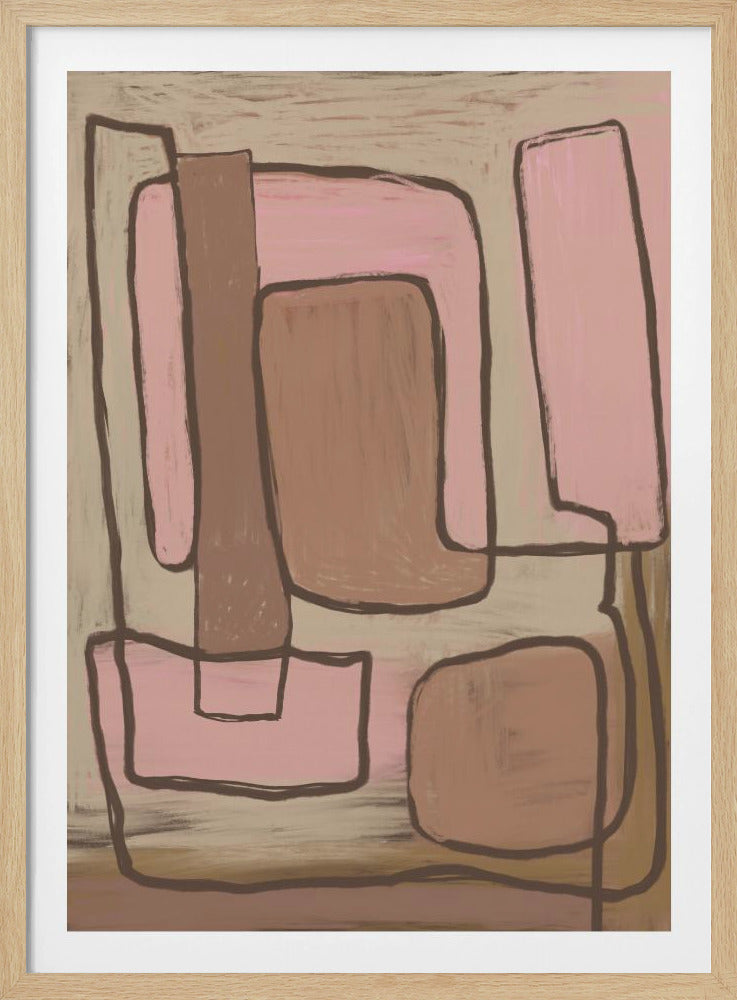 An abstract painting featuring large, organic, block-like shapes in shades of dusty pink and muted brown, outlined by a single, continuous dark brown line. The shapes overlap and interconnect against a light beige, textured background, all within a thin black frame. Wall Art