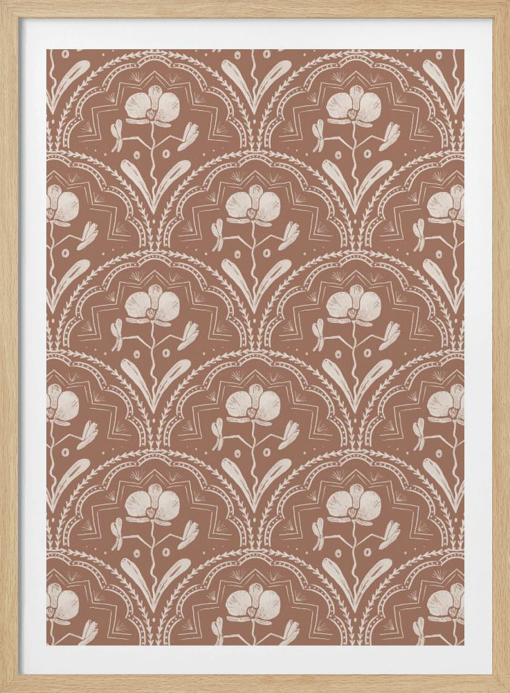 A framed art print with a repeating bohemian pattern of stylized off-white orchids on a terracotta brown background. The flowers are arranged in decorative scalloped arches, creating a vintage look. Decor