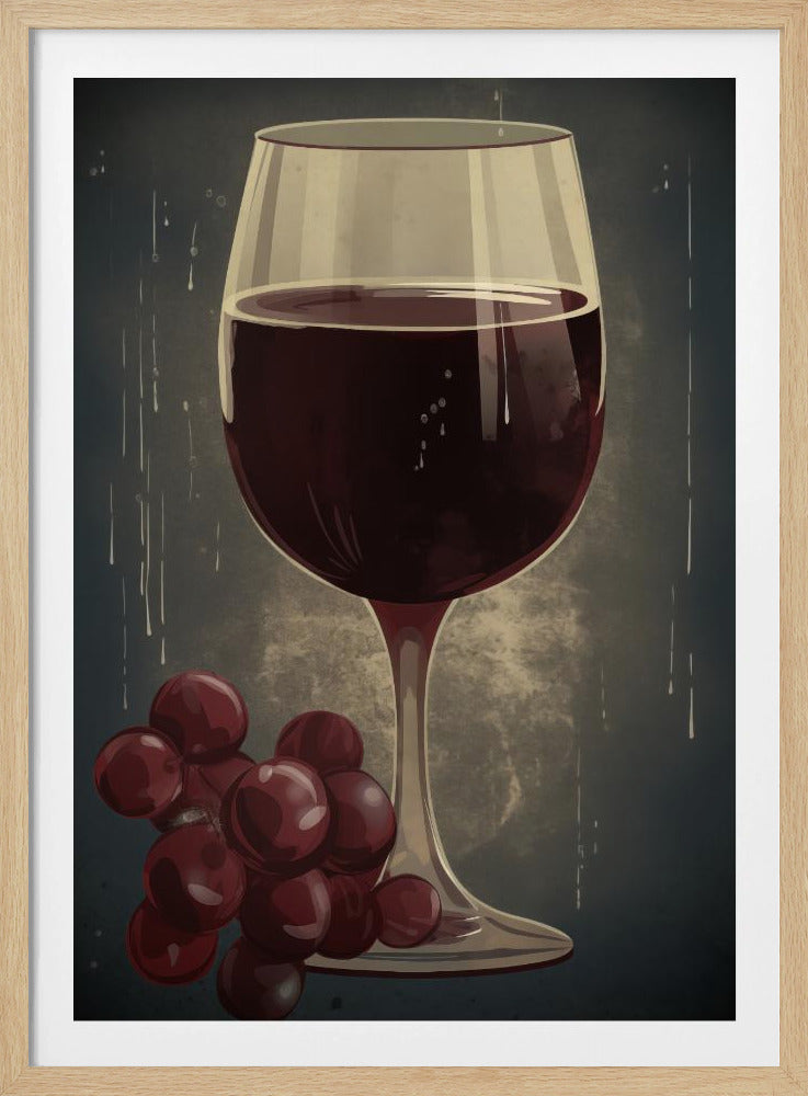 A stylized illustration of a large glass of red wine with a bunch of red grapes at its base, set against a dark, textured background with faint drips. Decor