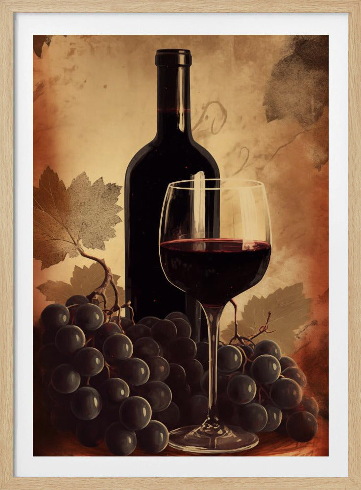 A vintage-style still life painting featuring a bottle of red wine, a half-full wine glass, and a cluster of dark grapes with leaves, all set against a textured, sepia-toned background. Print