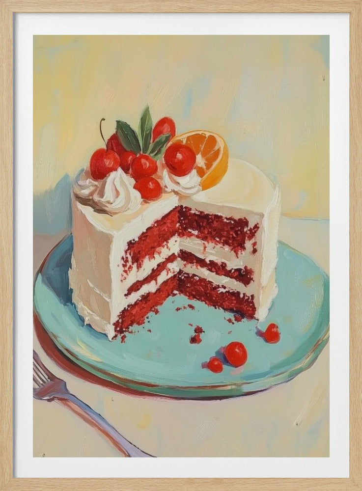 A painterly still life of a red velvet cake with white frosting on a light blue plate. A slice has been removed, revealing the rich red layers. The cake is garnished with bright red cherries, mint leaves, and a slice of orange. A fork is visible in the bottom left corner against a pale yellow background. Print