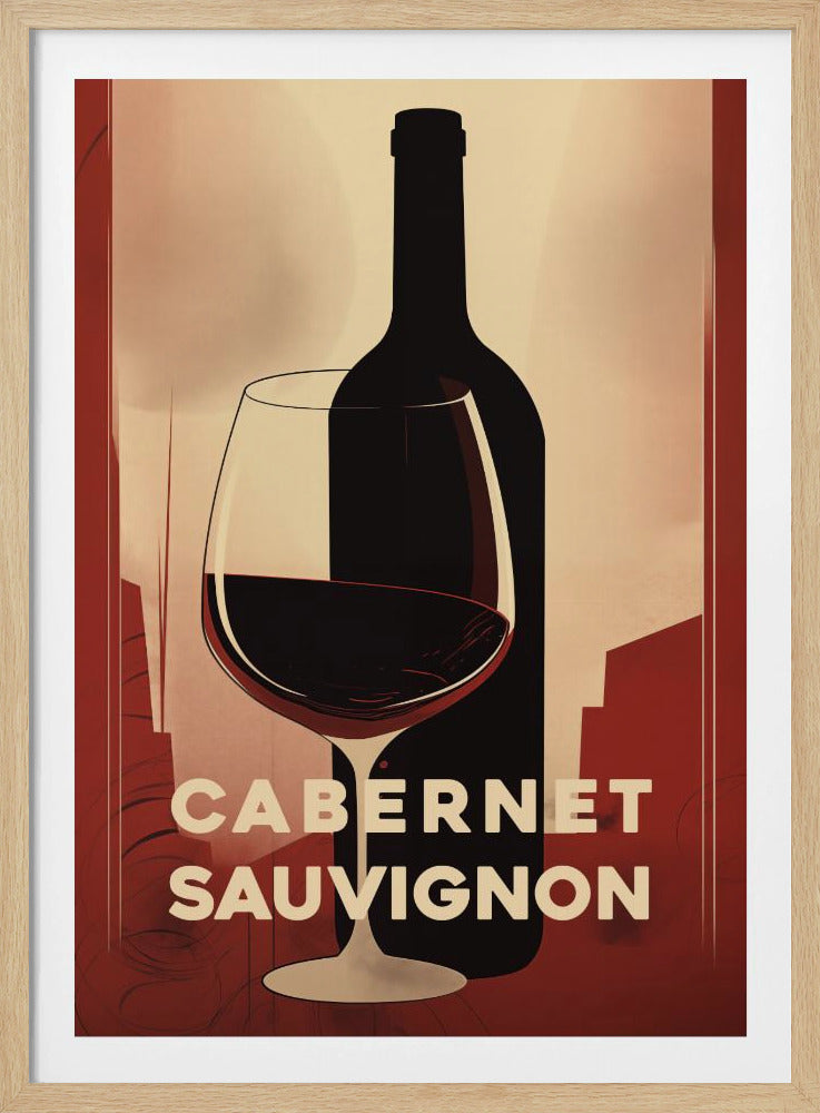 A vintage-style art print featuring a black silhouette of a wine bottle and a glass of red wine against a cream and red background. The words 'CABERNET SAUVIGNON' are written in a bold, cream-colored font at the bottom. Decor