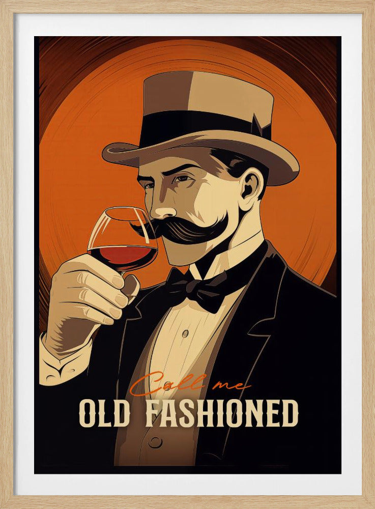A vintage-style illustration of a dapper gentleman with a large handlebar mustache, wearing a top hat and a tuxedo. He is holding a glass of red wine up to his nose against a large orange circular background. The text at the bottom reads 'Call me OLD FASHIONED'. Print
