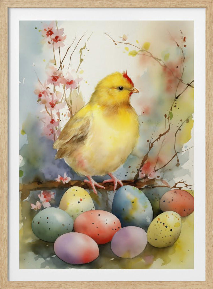 A watercolor painting of a cute yellow chick perched on a branch among pink blossoms. Below the chick are several colorful speckled Easter eggs in pastel shades of blue, pink, and yellow. Artwork